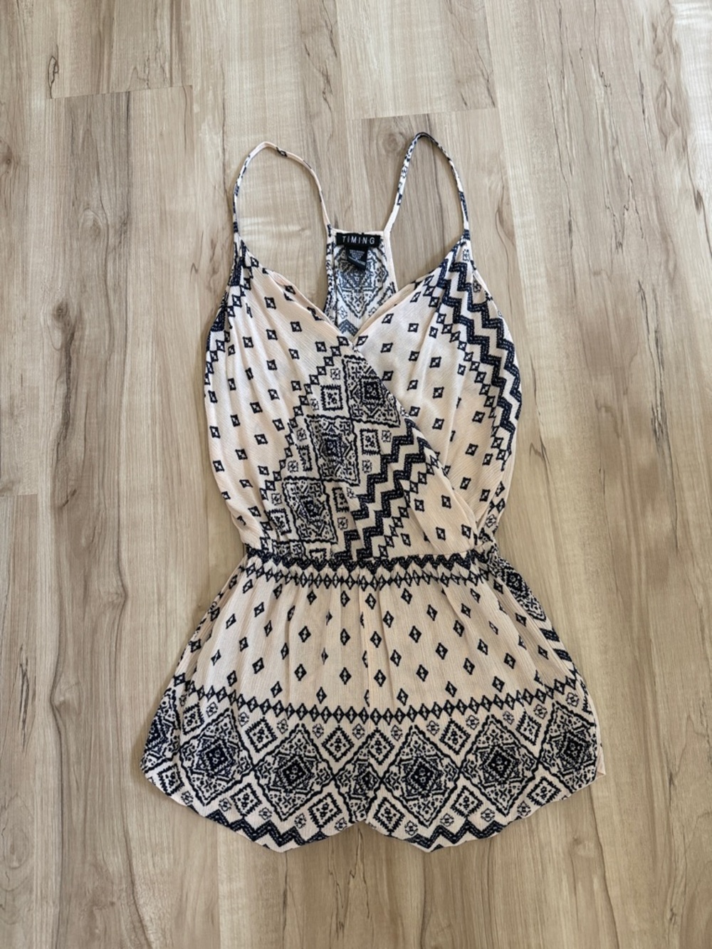 Timing Tan and navy Patterned Spaghetti-Strap Romper size small